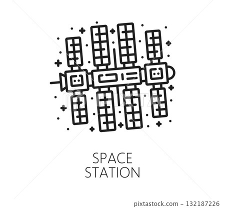 Space space station and cosmos thin line icon. Space research or discovery lineart vector sign, astronomy travel icon. Galaxy outerspace exploration thin line pictogram or cosmos flight outline symbol 132187226