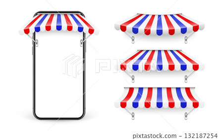 Smartphone with shop sunshade, metal mount, online internet shopping. Realistic striped cafe awning. Outdoor market tent. Roof canopy in French flag colors. Summer street store. Vector illustration Smartphone with shop sunshade, metal mount, online internet shopping. Realistic striped cafe awning. Outdoor market tent. Roof canopy in French flag colors. Summer street store. Vector illustration 132187254