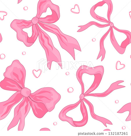 Whimsical Hand Drawn Ribbon Bow Seamless Pattern with hearts. Vector Illustration Whimsical Hand Drawn Ribbon Bow Seamless Pattern with hearts. Vector Illustration 132187261