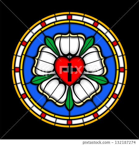 Luther Rose, Luther Seal, stained glass. Symbol of Lutheranism and expression of theology and faith of Martin Luther. Roman cross over red heart, in white rose, over blue, with golden ring. Vector Luther Rose, Luther Seal, stained glass. Symbol of Lutheranism and expression of theology and faith of Martin Luther. Roman cross over red heart, in white rose, over blue, with golden ring. Vector 132187274