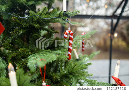 Close-up of Christmas tree with candy cane ornaments and festive lights 132187318
