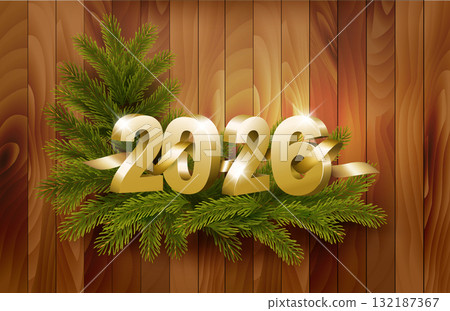 Merry Christmas and Happy New Year 2026. Golden 3D numbers with gold ribbons, branch of christmas tree on a wooden background. Vector Merry Christmas and Happy New Year 2026. Golden 3D numbers with gold ribbons, branch of christmas tree on a wooden background. Vector 132187367