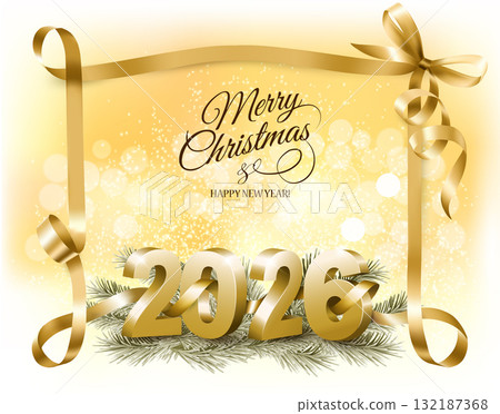 Merry Christmas and Happy New Year background with a 2026 numbers and branch of tree. Vector. 132187368