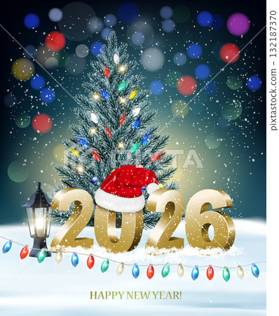 Holiday background with Christmas tree with garland and a gold 2026. Vector. 132187370