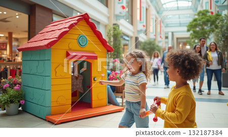 Cheerful children enjoying a bright playhouse in a bustling mall, surrounded by greenery and shoppers. Concept of playhouse in mall 132187384