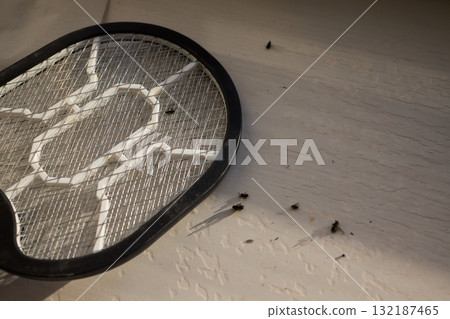 Electric mosquito swatter gray color minimal style placed on white background in bedroom Electric mosquito swatter gray color minimal style placed on white background in bedroom 132187465