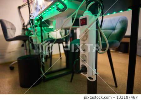 A Comprehensive and Complex Power Setup Involving Lights and Various Cables and Connections 132187467