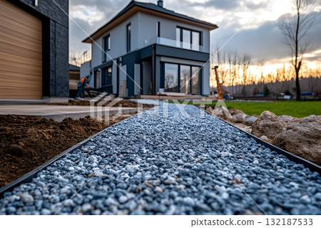 New gravel garden walkway with clean edging leading to modern house at sunset 132187533