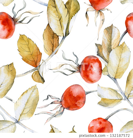 Watercolor seamless pattern with autumn leaves and rose hips. The botanical illustration is isolated on a white background. Seamless background with yellow dry leaves and red berries for wallpaper, Watercolor seamless pattern with autumn leaves and rose hips. The botanical illustration is isolated on a white background. Seamless background with yellow dry leaves and red berries for wallpaper, 132187572