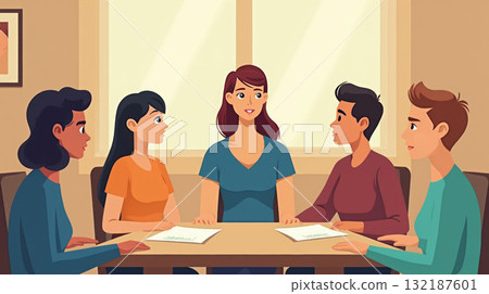 Diverse group seated at a table engaged in conversation in a cozy room, illustrated style, teamwork concept. Emotional support. 132187601