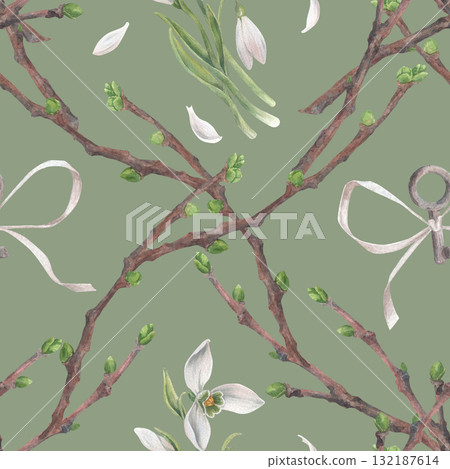 Seamless pattern with spring twigs, delicate bouquets of snowdrops, bows and petals. Watercolor illustration hand drawn and isolated on a green background. Perfect for decorating packaging, textiles 132187614