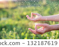 Hands connect with nature through mindful meditation practice. 132187619