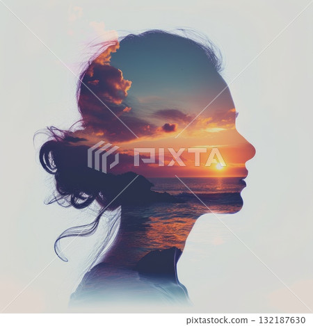 Mental health concept. Silhouette head woman. The sun over the sea. 132187630