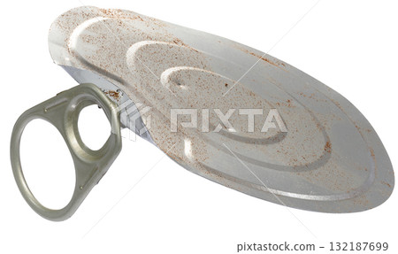 Metal tin can lid with ring opener, isolated background. Metal tin can lid with ring opener, isolated background. 132187699