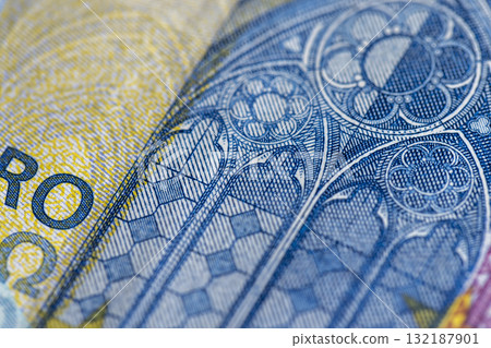 Details of the new blue twenty euro of the European Union , part of the genuine 20 euro blue banknote, close up 132187901