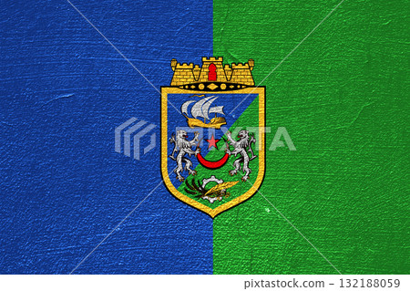 The official flag of Algiers, the capital of Algeria, on a cracked wall texture. Conceptual collage The official flag of Algiers, the capital of Algeria, on a cracked wall texture. Conceptual collage 132188059