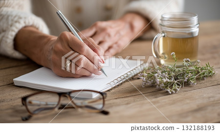 Writing in a notebook with tea and flowers on a cozy wooden table Writing in a notebook with tea and flowers on a cozy wooden table 132188193