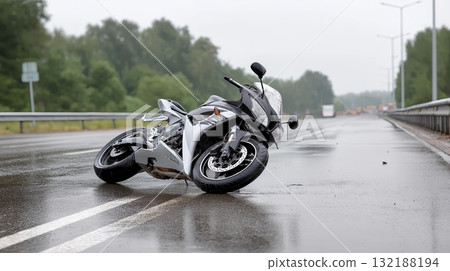 Motorcycle accident on a rainy day along a deserted highway Motorcycle accident on a rainy day along a deserted highway 132188194