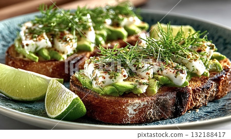 Slices of toasted bread with avocado, cream cheese, dill and spices garnished with lime Slices of toasted bread with avocado, cream cheese, dill and spices garnished with lime 132188417