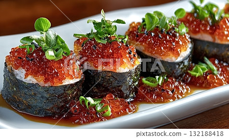 Gunkan maki sushi topped with masago and spring onion on white plate Gunkan maki sushi topped with masago and spring onion on white plate 132188418
