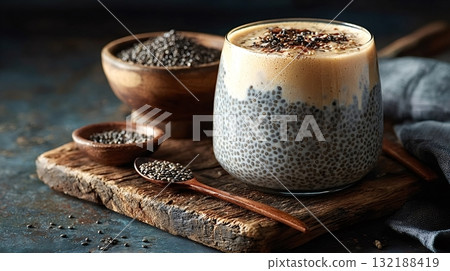 Chia seed pudding with coffee cream topping and chocolate shavings 132188419