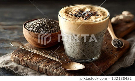 Chia seed pudding with coffee cream topping and spices Chia seed pudding with coffee cream topping and spices 132188421