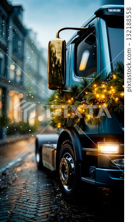 A truck with a christmas wreath on the back of it driving down a city street A truck with a christmas wreath on the back of it driving down a city street 132188558