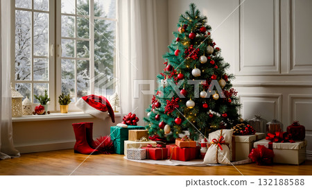 A decorated christmas tree with presents under it in front of a window 132188588