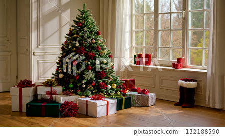 A decorated christmas tree with presents under it in front of a window 132188590