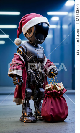 A robot dressed as Santa Claus holding a bag of presents A robot dressed as Santa Claus holding a bag of presents 132188606
