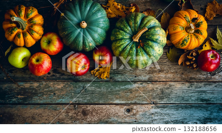 A wooden table topped with pumpkins and apples on top of a wooden table 132188656
