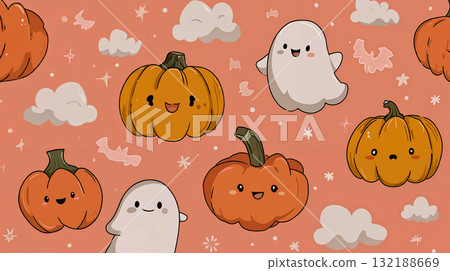 A pattern of pumpkins and ghosts on a pink background 132188669