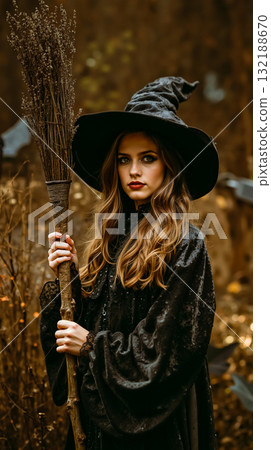 A woman dressed as a witch holding a broom 132188670