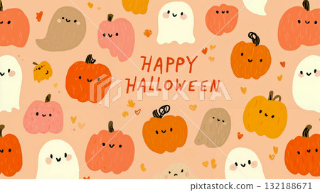 A pattern of pumpkins and ghosts with the words Happy Halloween 132188671