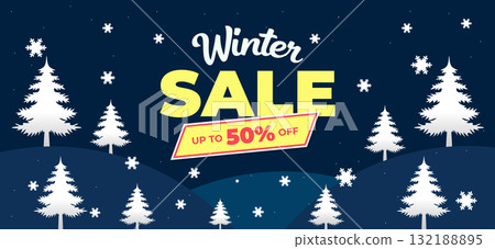 Winter Sale Banner with Yellow Contrast and Snow Tree Illustration Winter Sale Banner with Yellow Contrast and Snow Tree Illustration 132188895