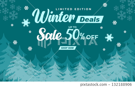 Winter Sale Banner with Teal Snowflake and Forest Background 132188906