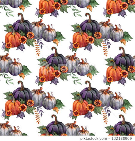 Seamless pattern with hand drawn watercolor pumpkins. Colorful autumn illustration for surface design, wallpapers, wrapping, seasonal and Halloween greetings Seamless pattern with hand drawn watercolor pumpkins. Colorful autumn illustration for surface design, wallpapers, wrapping, seasonal and Halloween greetings 132188909