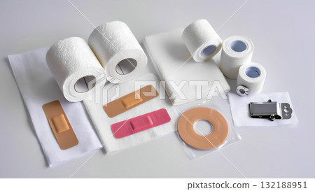 A set of first aid items, including sterile bandages, various types of plasters and medical wipes, on a light background. A set of first aid items, including sterile bandages, various types of plasters and medical wipes, on a light background. 132188951