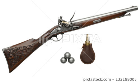 This flintlock musket features a long, gleaming steel barrel and ornate wood details. Accompanying items include lead balls and a leather pouch, showcasing historical craftsmanship and design. This flintlock musket features a long, gleaming steel barrel and ornate wood details. Accompanying items include lead balls and a leather pouch, showcasing historical craftsmanship and design. 132189003