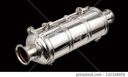 Silver metal musical instrument on black background 132189059