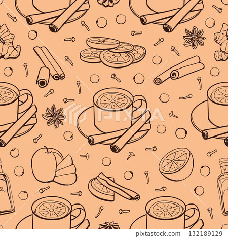 Christmas drink cup doodle pattern. Mulled wine drink with citrus slices, apple, cloves, cardamom, bottle of wine, cardamom, cinnamon, ginger, pepper 132189129