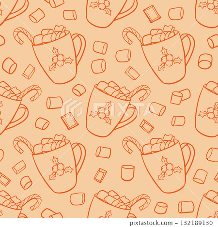 Christmas cocoa drink with marshmallows pattern. Hot chocolate drink repeat background. Winter season drink doodle illustration 132189130