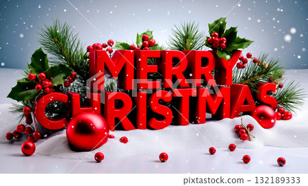 A merry christmas sign with red ornaments and holly leaves on a snowy surface A merry christmas sign with red ornaments and holly leaves on a snowy surface 132189333