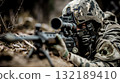 A man in camouflage with a sniper rifle in the woods 132189410