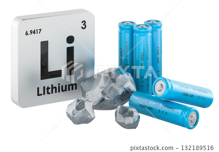 Periodic table sign for lithium element with metallic ore pieces and blue lithium-ion batteries. 3D rendering Periodic table sign for lithium element with metallic ore pieces and blue lithium-ion batteries. 3D rendering 132189516