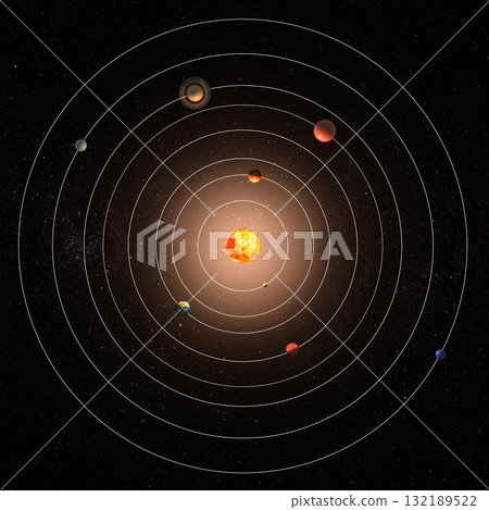 Solar system with orbits and planets, top view. 3D rendering 132189522