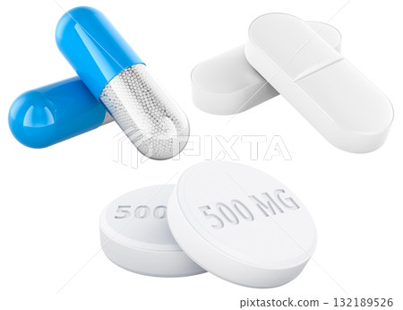 Capsules and tablets assortment. Medical capsules with granules, oval tablets and round tablets labeled 500 MG. 3D rendering 132189526