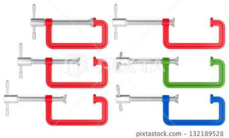 Set of metal c clamps in different sizes and colors, red, green and blue, side profile view. 3D rendering Set of metal c clamps in different sizes and colors, red, green and blue, side profile view. 3D rendering 132189528