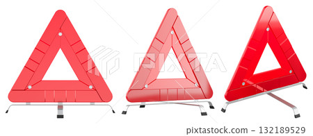 Reflective warning triangles set, shown from different angles. 3D rendering 132189529