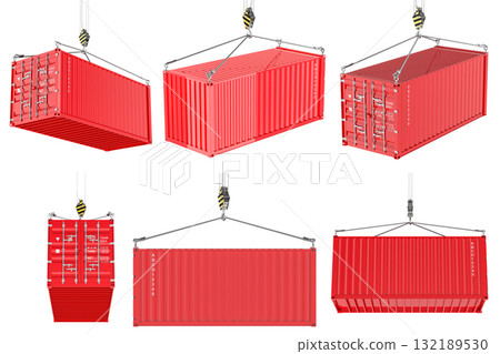 Red shipping container suspended by crane cables, different angles views 132189530